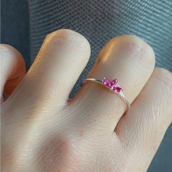Sterling Silver Ruby CZ Dainty Flower Ring - Picture 3 of 10